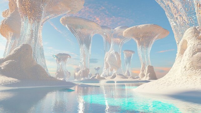 Extraterrestrial Paradise: Hyperrealistic 3D Rendering of Serene Alien Beach at Sunset