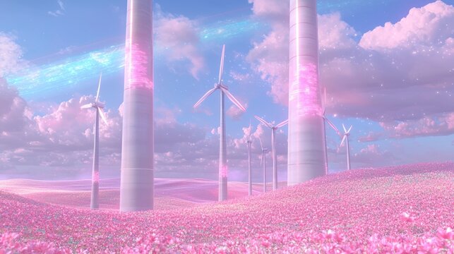 Futuristic Alien Wind Farm: Hyperrealistic 3D Rendering of Enormous Turbines in Vibrant Landscape