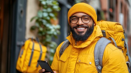 A man in a yellow jacket is smiling and holding a cell phone. He is wearing a backpack and a yellow hat