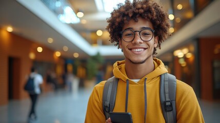 Naklejka premium A young man with glasses and a yellow hoodie is smiling and holding a cell phone. He is surrounded by other people, some of whom are carrying backpacks. Concept of youthfulness and casualness
