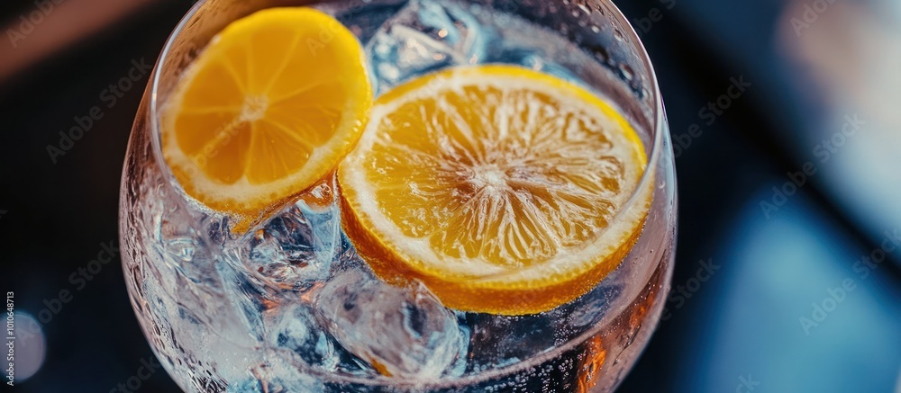 Poster Close-up of a refreshing drink with lemon slices and ice cubes.