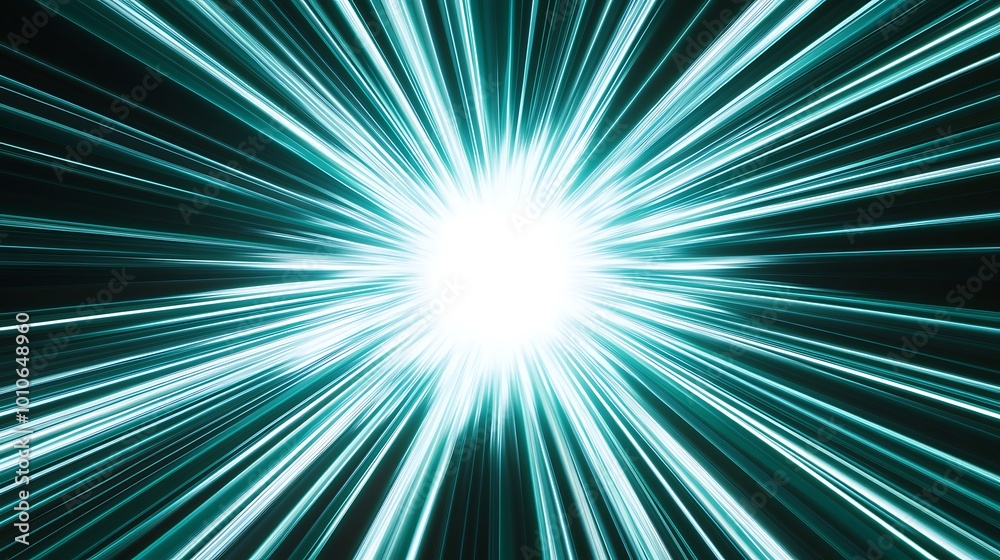 Poster Abstract bright light burst with teal rays emanating from a central white point on a black background.
