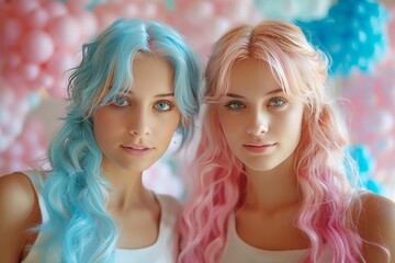 Fototapeta premium Two young women with pink and blue hair, gender party