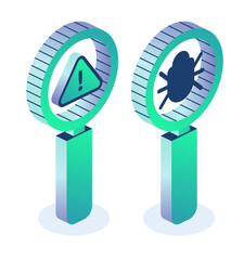 Debugging. Magnifying glass with bug and exclamation mark isolated on white background. Isometric objects. Debug code. Software testing concept.