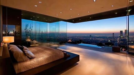 Modern bedroom with large windows showcasing a city skyline under the night sky, with a minimalist platform bed and elegant design.