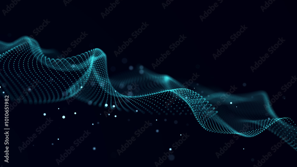 Aufkleber Futuristic background of moving, glowing particles on a black background. Large amount of data. 3D rendering.