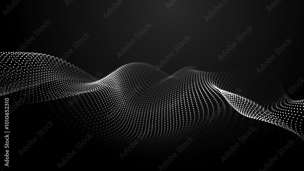 Poster Futuristic background of moving, glowing particles on a black background. Large amount of data. 3D rendering.