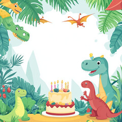 dinosaur jurassic era concept celebration birthday background with bright colors gifts, cake,...