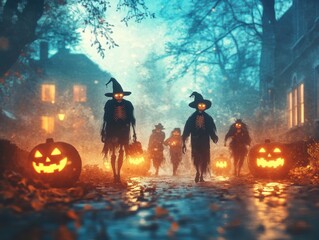 Obraz premium A Group of Halloween Skeletons Walking Through a Foggy Street
