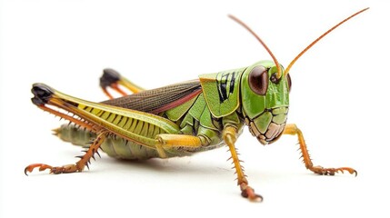 Close-up of a vibrant green grasshopper on white background