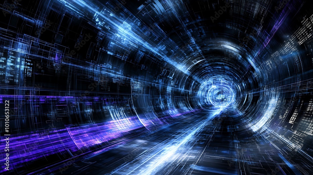 Poster Abstract digital tunnel with glowing lights and data streams.