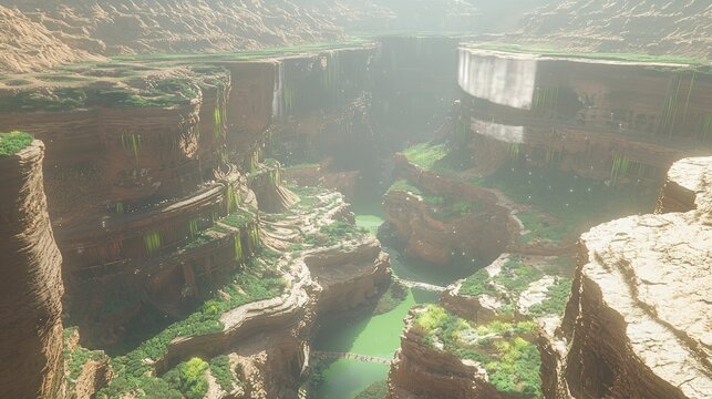 Futuristic Alien Canyon: Hyperrealistic 3D Rendering of an Advanced Alien Civilization Amidst Epic Landscapes