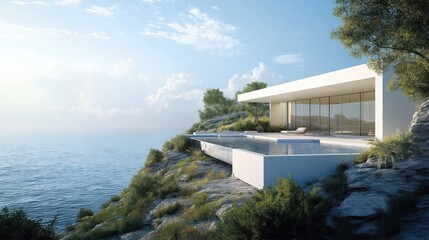 Fototapeta premium Modern Villa on Cliff with Infinity Pool Overlooking Serene Ocean and Scenic View Surrounded by Nature