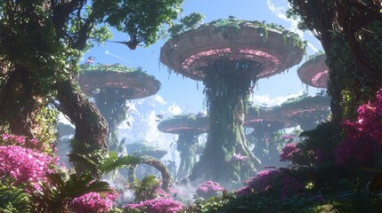 Hyperrealistic 3D Rendering of Advanced Alien Civilization in Lush Alien Rainforest with Towering Trees and Exotic Creatures