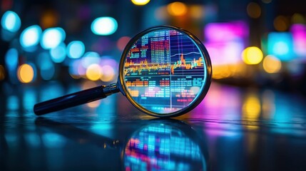 A magnifying glass is used to look at a computer screen with a lot of numbers and graphs