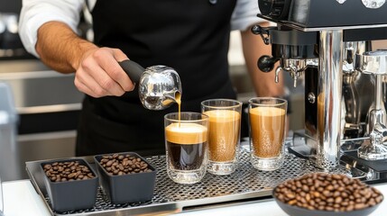 A barista preparing a fresh cup of espresso behind the counter, with coffee beans and equipment on display