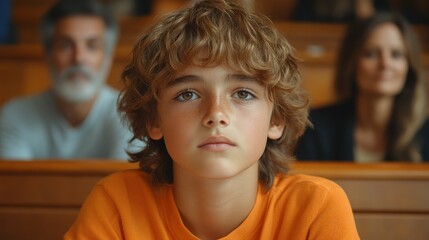 A boy with brown hair and a red shirt is sitting in a classroom. He is looking at the camera with a serious expression