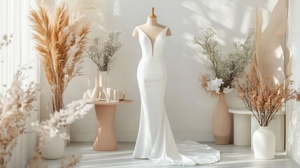 Elegant Minimalist Wedding Dress Displayed in Chic Modern Setting with Natural Elements