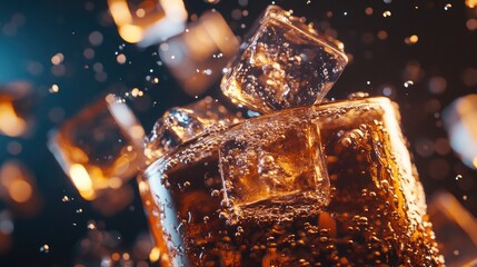 A close-up of ice cubes falling into a glass of soda, creating a cool splash with bubbles rising to the surface.