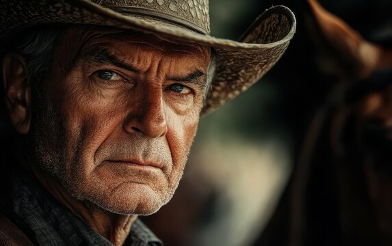 An older man with a cowboy hat and beard is standing in front of a camera, looking directly at the lens. He is in a serious or contemplative mood