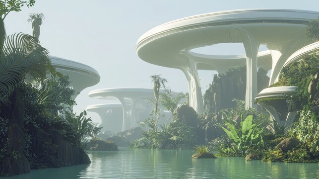 Hyperrealistic 3D Rendering of Tranquil Alien Lagoon in an Advanced Civilization's Serene Landscape