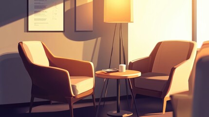 Fototapeta premium A cozy corner of a cafe with plush chairs, a small table, and soft lighting, perfect for reading or relaxing