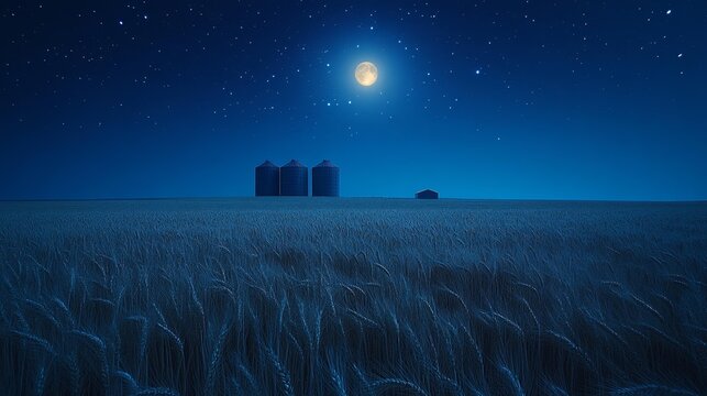 Nighttime Wheat Field and Silos Generative AI - Powered by Adobe