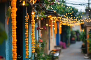 Festive street adorned with marigold flowers and lights