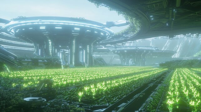 Technologically Advanced Alien Civilization: Hyperrealistic 3D Rendering of Futuristic Agricultural Landscapes with Glowing Crops and Automated Harvest Drones