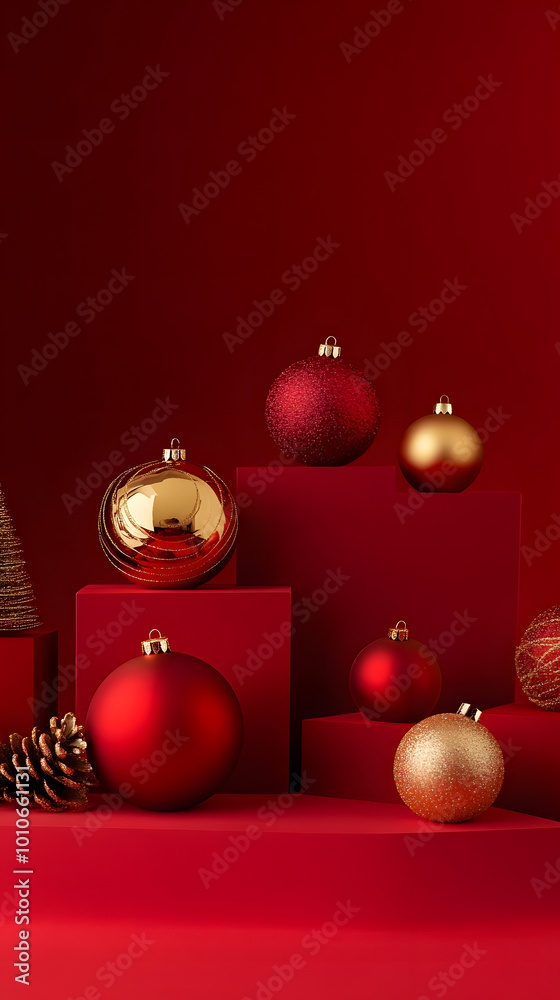 Poster Festive red and gold Christmas ornaments arranged on geometric platforms against a vibrant crimson background, creating a luxurious holiday display.