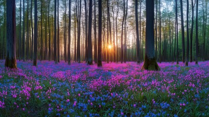 Naklejka premium Ultra Wide Angle View of Tall Trees in Springtime Forest with Vibrant Wildflowers at Sunset