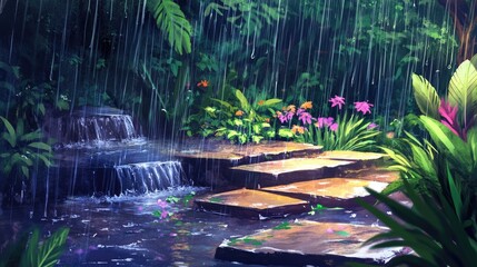 Fototapeta premium A gentle rain falling on a quiet garden, with raindrops softly hitting the leaves and creating a peaceful ambiance