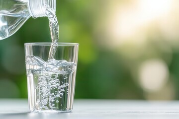 Clear water being poured from a plastic bottle into a glass during a hot day, photorealistic, symbolizing hydration and purity © ImagePulse