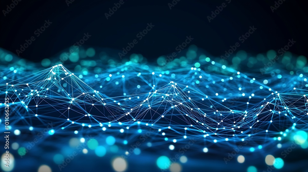 Poster Abstract blue and white glowing network of dots and lines forming a wave pattern on a black background.