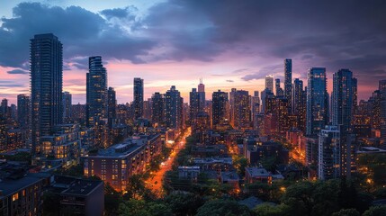 Obraz premium Urban Skyline at Dusk with Colorful Clouds