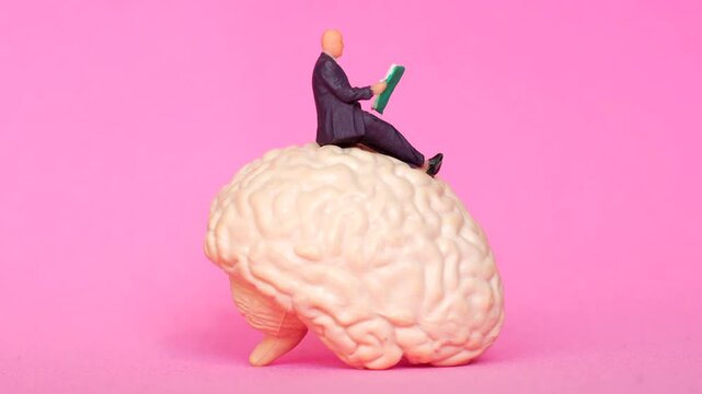 Miniature figure in purple suit reading a paper while perched on a large pink brain model against a soft pink background. Critical thinking concept.