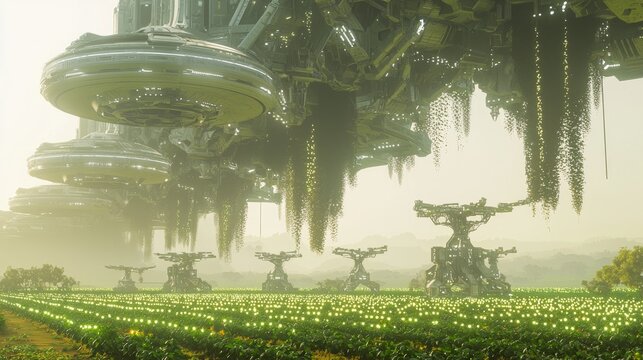 Futuristic Agricultural Revolution in an Advanced Alien Civilization: Hyperrealistic 3D Rendering of Glowing Crops and Automated Drones on Epic Landscapes
