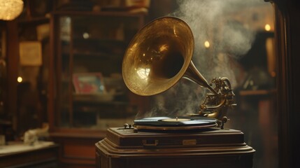 A vintage gramophone plays music in a dimly lit antique store.