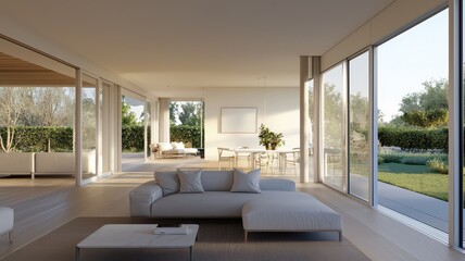 A modern, airy living space with large windows showcasing lush greenery, featuring a cozy sofa and minimalist decor.