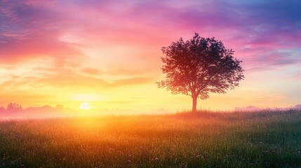 Fototapeta premium Serene Sunset Over a Vibrant Landscape with a Tree