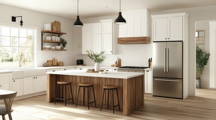 Modern Bright Kitchen with Wood Accents and Island
