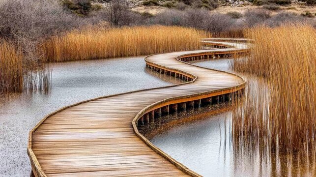 Winding wooden boardwalk through a swampy wetland, with reeds and waterfowl surrounding the path