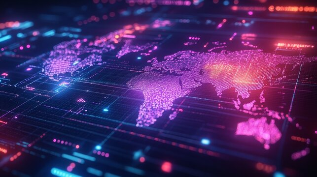 A sleek digital interface showcasing a network of AI-powered data streams, interconnected with futuristic holograms and global maps, glowing in neon