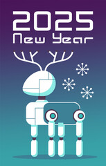 Futuristic cyber Happy New Year. Technological AI White Deer Robot on snow. Card, cover, web banner, poster for social media. Flat vector illustration in cartoon style.