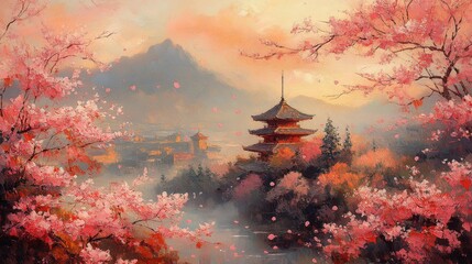 Japanese Pagoda with Cherry Blossoms in Spring Generative AI