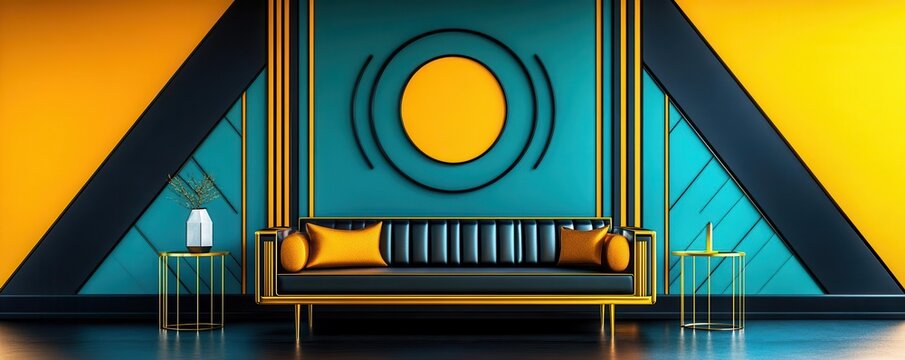 Art Deco living room, geometric designs on the walls, sleek furniture with metallic accents, gold and black color scheme, high contrast, futuristic touch
