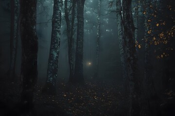 Obraz premium A misty autumn forest, dark and wet with shifting shadows