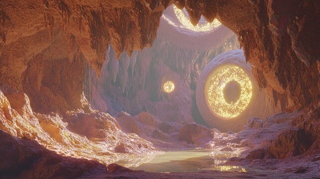 Surreal 3D Rendering of Advanced Alien Civilization in Epic Cave System with Glowing Mineral Deposits and Alien Technology Embedded in Walls