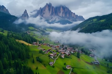Obraz premium Vertical aerial shot of a picturesque village surrounded by mist and mountains