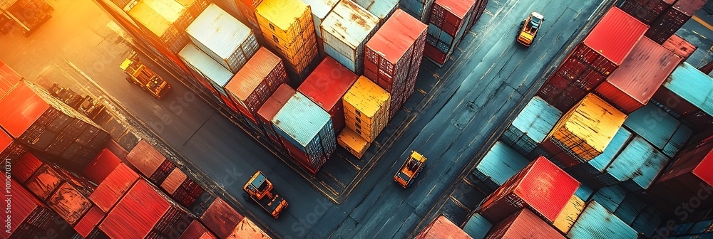Poster aerial panoramic view of a busy container terminal with stacked cargo containers,shipping vessels,lo